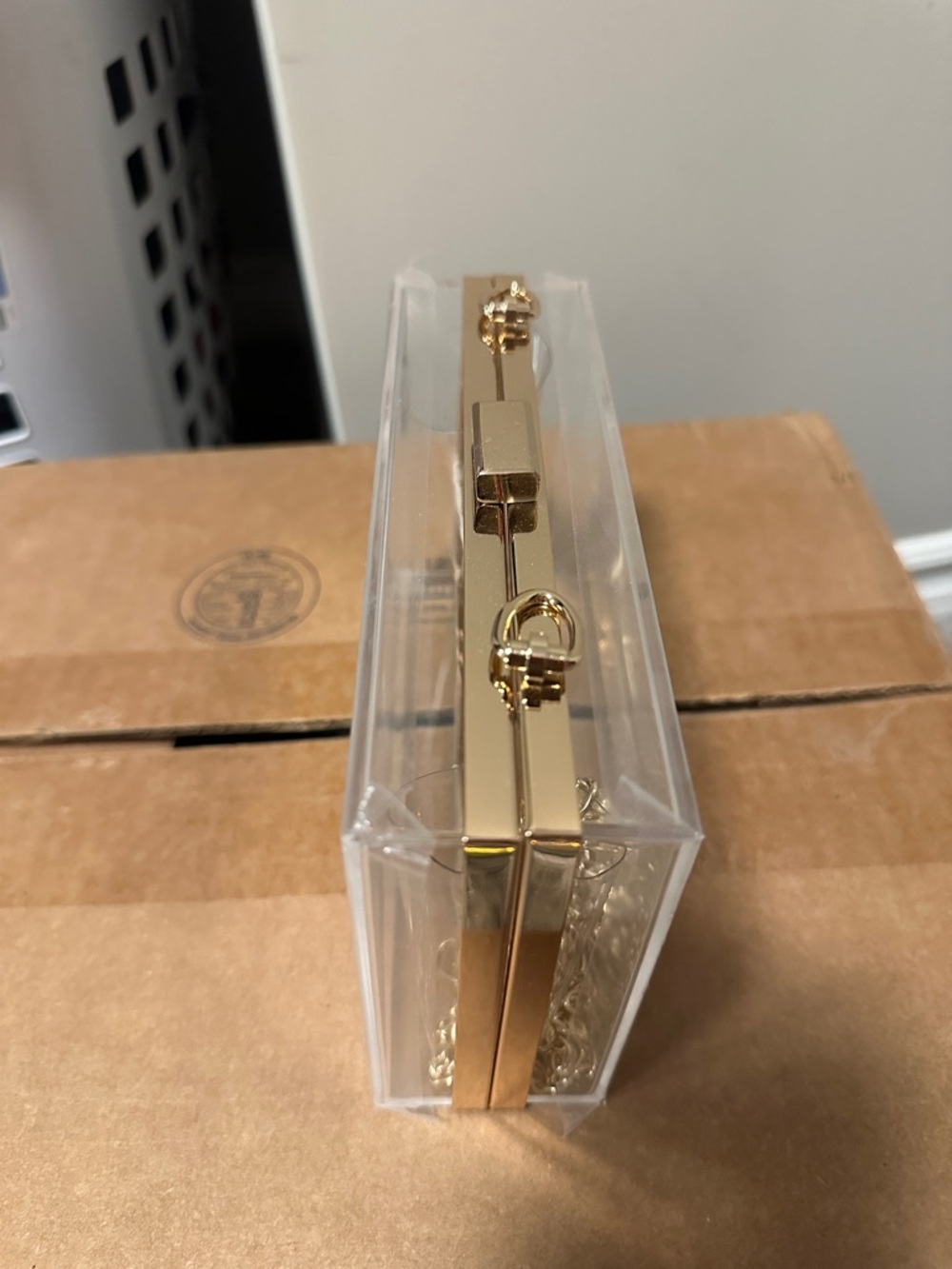 Clear Acrylic Box Clutch with Gold Hardware - Picture 2 of 3